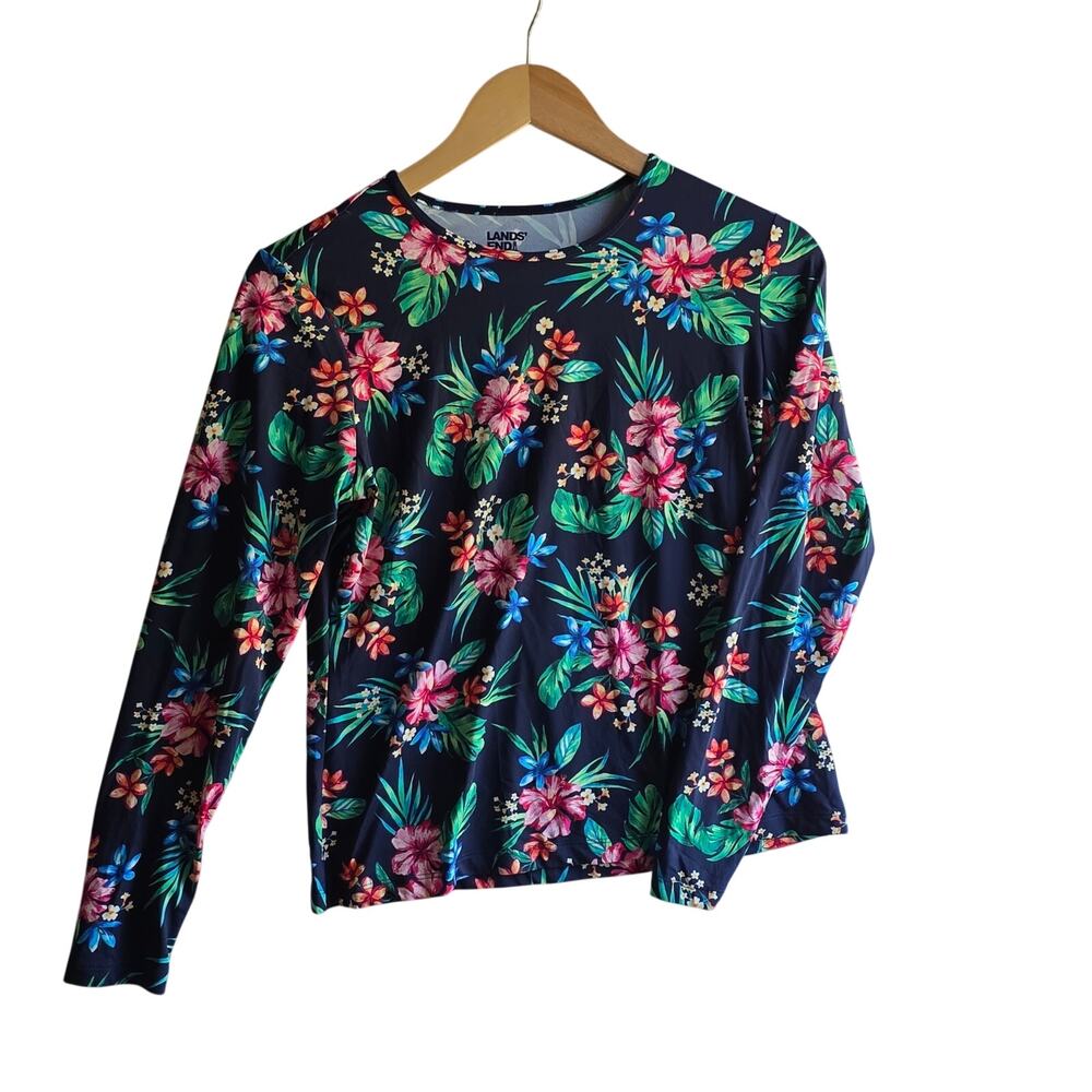 Land's End Women's Petite Navy Floral Long-Sleeve Rash Guard Swim Top S/P UPF50